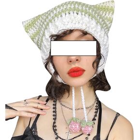 Women Cat Ears Knit Hat Earflap Pompom Kitty Ears Gothic Beanie Cute Vintage Grunge Crochet Hat Slouchy Beanies