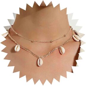 Yheakne Boho Layered Shell Necklace Choker Gold Cowrie Shell Choker Necklace Dangle Seashell Choker Vintage Layering Necklace Chain Jewelry for Women and Girls