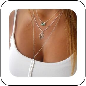 Boho Layered Turquoise Leaf Pendant Necklace Silver Feather Necklace Choker Vintage Leaf Necklace Hollow Leaf Drop Chain Necklace Jewelry for Women and Girls