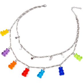 Layered Punk Gothic Resin Gummy Cartoon Bear Link Chain Pendant Necklace Colorful Rock Hip Hop Transparent Animal Choker necklace for Women Girls Party Jewelry Gift