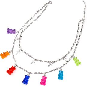 Layered Punk Gothic Resin Gummy Cartoon Bear Link Chain Pendant Necklace Colorful Rock Hip Hop Transparent Animal Choker necklace for Women Girls Party Jewelry Gift