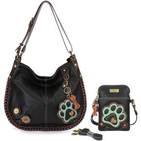 CHALA Hobo Style Large Bag Shoulder Purse with & Chala Zip Wallet Combo Set (Black_ Teal Paw Hobo & Crossbody Combo)