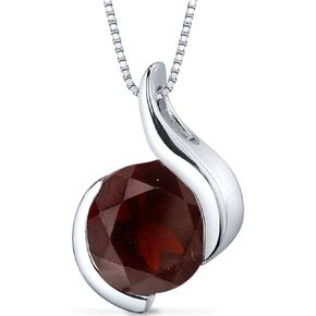 PEORA Garnet Open Bezel Wave Pendant Necklace for Women 925 Sterling Silver, Natural Gemstone Birthstone, 2.50 Carats Round 8mm, with 18 inch Chain…