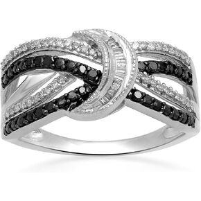Jewelili Sterling Silver 1/4 Cttw Treated Black and Natural White Round Baguette Diamond Knot Ring, Size 7 in Saudi Arabia