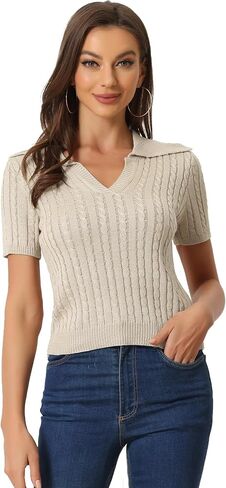 Allegra K Women's Crop Top Sweater Collared Ribbed Top V Neck Short Sleeve Cable Knit Polo Sweater in Kuwait