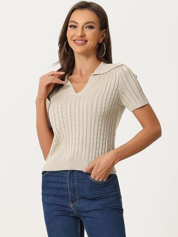Allegra K Women's Crop Top Sweater Collared Ribbed Top V Neck Short Sleeve Cable Knit Polo Sweater in Kuwait