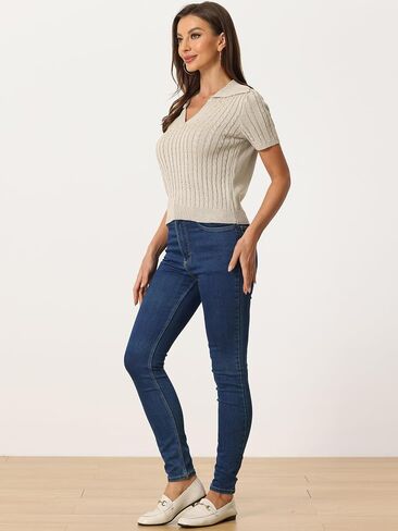 Allegra K Women's Crop Top Sweater Collared Ribbed Top V Neck Short Sleeve Cable Knit Polo Sweater in Kuwait