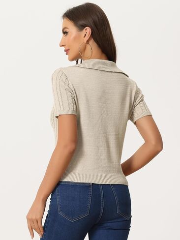 Allegra K Women's Crop Top Sweater Collared Ribbed Top V Neck Short Sleeve Cable Knit Polo Sweater in Kuwait