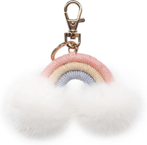 surell Rainbow Keychain with Mink Fur Pom Clouds - Colorful Cute Keychain for Girls - Luxury Bag Charm - Pastel Rainbow Key Chain - Fluffy Pompom Keychain, Rainbow, S in Saudi Arabia