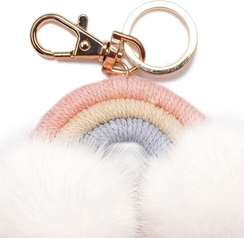 surell Rainbow Keychain with Mink Fur Pom Clouds - Colorful Cute Keychain for Girls - Luxury Bag Charm - Pastel Rainbow Key Chain - Fluffy Pompom Keychain, Rainbow, S in Saudi Arabia