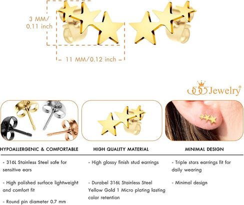 555Jewelry Cute Small Tiny Triple Stars Stud Earrings for Girls & Women in Saudi Arabia