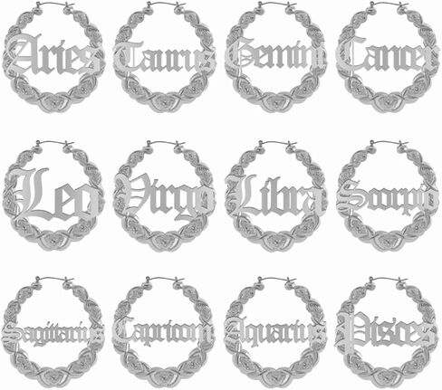زودياك الخيزران هوب الأقراط - الأقراط مطلية بالفضة الاسترليني للنساء الفتيات الأقراط علم التنجيم الأزياء والمجوهرات 90's أقراط للنساء الهيب هوب نمط حزب التبعي in Kuwait