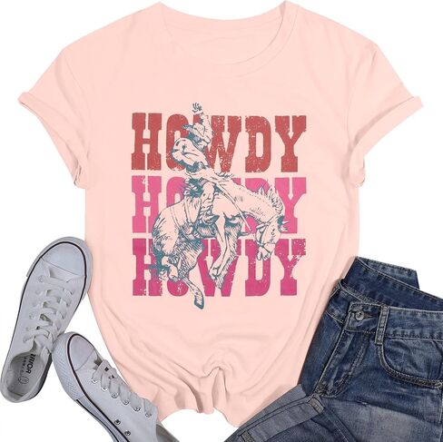 Howdy تي شيرت قمصان غربية للنساء خمر راعية البقر قميص جرافيك روديو تيز ريترو كم قصير بلايز in Kuwait