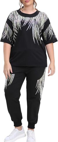 Plus Size Two Piece Outfits for Women Men Short Sleeve T Shirts Rhinestones Drawstring Joggers Pants Going Out in Kuwait