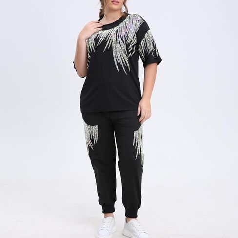 Plus Size Two Piece Outfits for Women Men Short Sleeve T Shirts Rhinestones Drawstring Joggers Pants Going Out in Kuwait