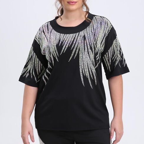 Plus Size Two Piece Outfits for Women Men Short Sleeve T Shirts Rhinestones Drawstring Joggers Pants Going Out in Kuwait