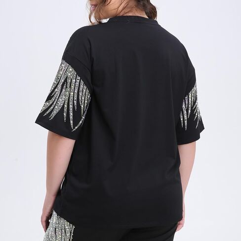 Plus Size Two Piece Outfits for Women Men Short Sleeve T Shirts Rhinestones Drawstring Joggers Pants Going Out in Kuwait