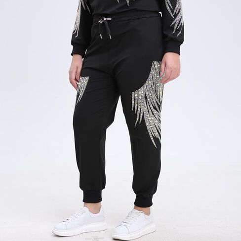 Plus Size Two Piece Outfits for Women Men Short Sleeve T Shirts Rhinestones Drawstring Joggers Pants Going Out in Kuwait