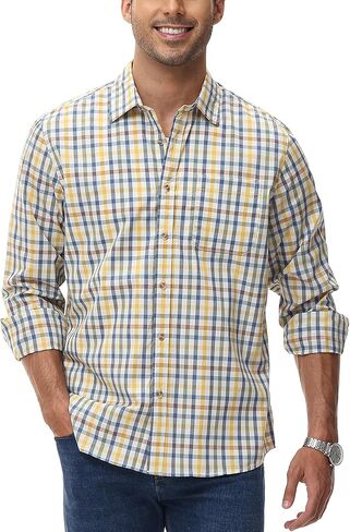 قميص منقوش كاجوال من MCEDAR للرجال من القطن بأكمام طويلة وأزرار سفلية مع جيب in Kuwait