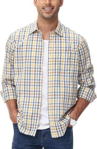 قميص منقوش كاجوال من MCEDAR للرجال من القطن بأكمام طويلة وأزرار سفلية مع جيب in Kuwait