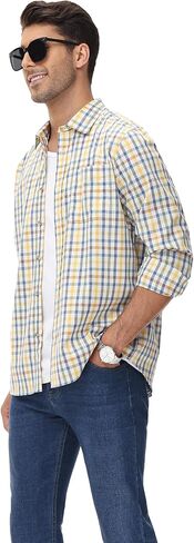 قميص منقوش كاجوال من MCEDAR للرجال من القطن بأكمام طويلة وأزرار سفلية مع جيب in Kuwait