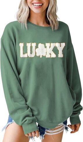 BOUTIKOME St Patricks Day Lucky بلوزات النساء الترتر بريق التصحيح شامروك قميص الشنيل المتضخم البرسيم البلوز القمم in Saudi Arabia
