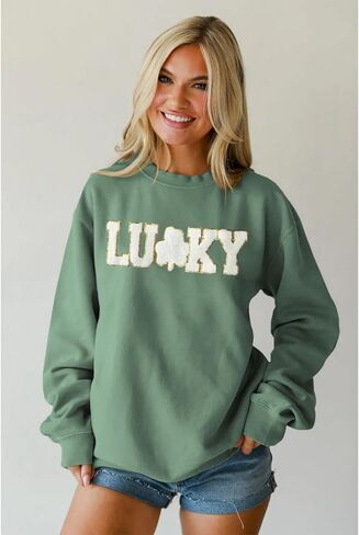 BOUTIKOME St Patricks Day Lucky بلوزات النساء الترتر بريق التصحيح شامروك قميص الشنيل المتضخم البرسيم البلوز القمم in Saudi Arabia