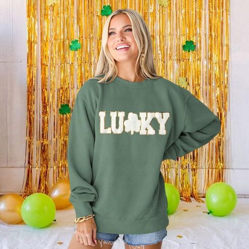BOUTIKOME St Patricks Day Lucky بلوزات النساء الترتر بريق التصحيح شامروك قميص الشنيل المتضخم البرسيم البلوز القمم in Saudi Arabia