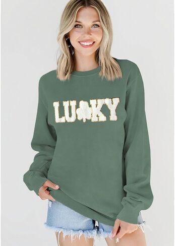 BOUTIKOME St Patricks Day Lucky بلوزات النساء الترتر بريق التصحيح شامروك قميص الشنيل المتضخم البرسيم البلوز القمم in Saudi Arabia