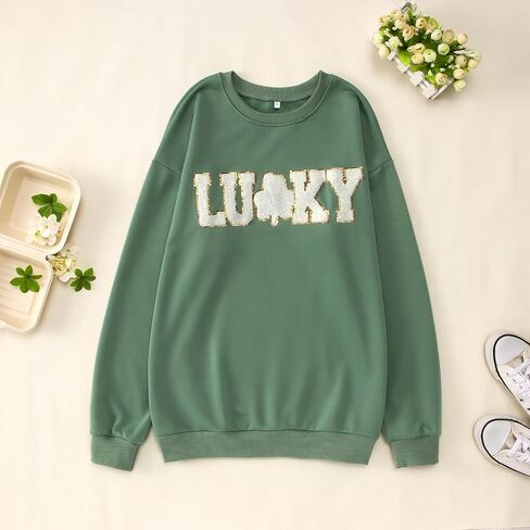 BOUTIKOME St Patricks Day Lucky بلوزات النساء الترتر بريق التصحيح شامروك قميص الشنيل المتضخم البرسيم البلوز القمم in Saudi Arabia
