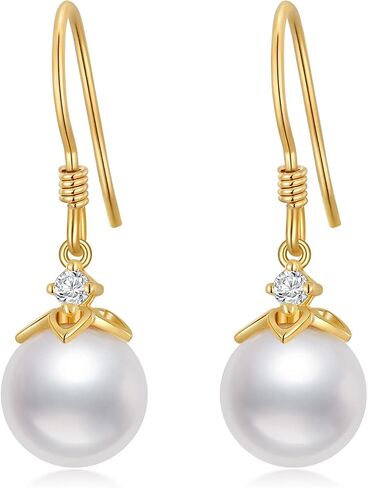 14K Solid Gold Freshwater Pearl Drop Earrings for Women, 8mm Handpicked Freshwater Cultured Pearl Dangling Drop Heart Earrings Jewelry Gift for Her,Wife, Mom, Girlfriend in Saudi Arabia