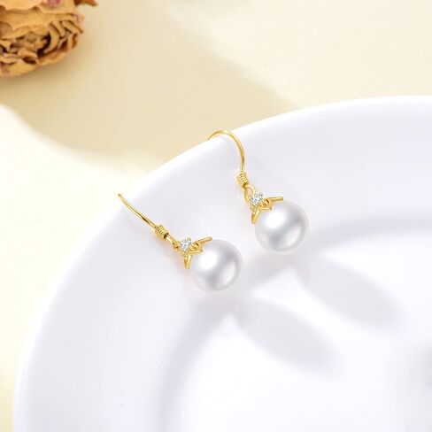14K Solid Gold Freshwater Pearl Drop Earrings for Women, 8mm Handpicked Freshwater Cultured Pearl Dangling Drop Heart Earrings Jewelry Gift for Her,Wife, Mom, Girlfriend in Saudi Arabia