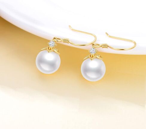 14K Solid Gold Freshwater Pearl Drop Earrings for Women, 8mm Handpicked Freshwater Cultured Pearl Dangling Drop Heart Earrings Jewelry Gift for Her,Wife, Mom, Girlfriend in Saudi Arabia