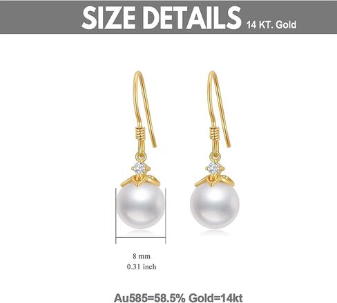 14K Solid Gold Freshwater Pearl Drop Earrings for Women, 8mm Handpicked Freshwater Cultured Pearl Dangling Drop Heart Earrings Jewelry Gift for Her,Wife, Mom, Girlfriend in Saudi Arabia
