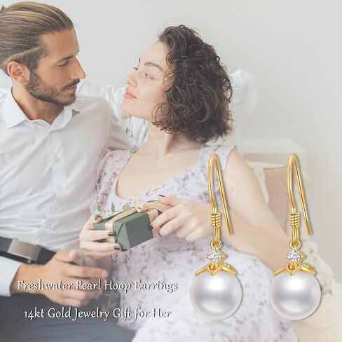 14K Solid Gold Freshwater Pearl Drop Earrings for Women, 8mm Handpicked Freshwater Cultured Pearl Dangling Drop Heart Earrings Jewelry Gift for Her,Wife, Mom, Girlfriend in Saudi Arabia