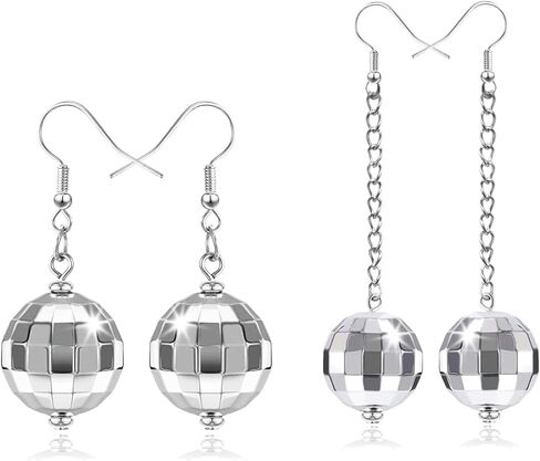 زوجان من اقراط كرة الديسكو للنساء، اقراط كرة الديسكو الفضية، اقراط ديسكو عاكسة، اقراط متدلية بتصميم كرة الديسكو، اقراط الستينيات والسبعينيات للنساء، اكسسوارات ملابس الديسكو in Kuwait