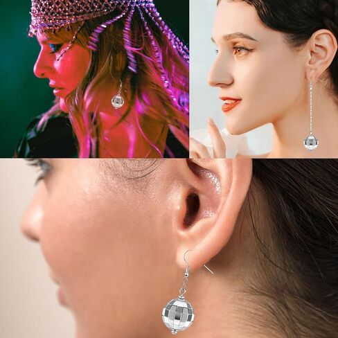 زوجان من اقراط كرة الديسكو للنساء، اقراط كرة الديسكو الفضية، اقراط ديسكو عاكسة، اقراط متدلية بتصميم كرة الديسكو، اقراط الستينيات والسبعينيات للنساء، اكسسوارات ملابس الديسكو in Kuwait