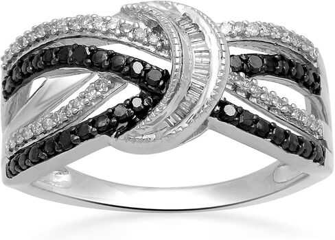 خاتم متعدد الصفوف من الفضة الإسترلينية باللونين الأبيض والأسود من Jewelili ، 1/4cttw. الحجم 7 in Saudi Arabia