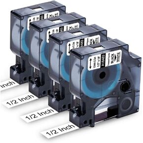 Compatible Label Tape 1/2 Replace for Rhino 5200 label tape Dymo Rhino 4200 5200 18483 Permanent Polyester Label Tape 1/2 for Rhino 5200, 4200, 5000, 6000, 6500, 12mm Black on White 1/2" x 18', 4 Pack