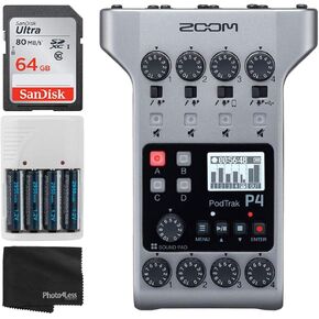 Zoom PodTrak P4 مسجل بودكاست محمول متعدد المسارات + بطاقة ذاكرة Ultra SDXC سعة 64 جيجابايت + 4 بطاريات AA وشاحن + قطعة قماش للتنظيف - حزمة البث النهائية