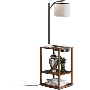 مصباح طاولة SUNMORY ذو نهاية ريفية مع طاولة وأرفف ومحطة شحن (منفذ USB ومنفذ تيار متردد) لمبة LED بدرجة حرارة 3 ألوان للأرضية وغرفة المعيشة وغرفة النوم (بني)