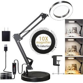 Magnifying Glass with Light and Stand, 10X Magnifying Lamp, 2-in-1 LED Lighted Desk Magnifier with Light, Craft Light Lamp with 3 Color Modes for Close Work Reading Repair Crafts