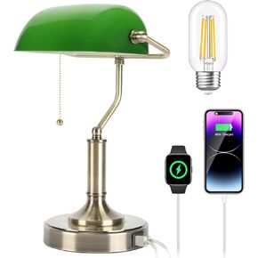 Bankers Lamp, Green Desk Lamp with Touch Control Switch, Retro Lamp with USB and Type C Charging Ports, Vintage Lamp for Home Office, Piano, Library, LED Bulb Included (Vintage)