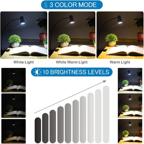 USB LED مصباح مكتبي بمشبك على ضوء القراءة، 3 أوضاع إضاءة 10 مستويات سطوع خافتة للضوء لسرير النوم اللوح الأمامي للسرير، مصباح رقبة مرن قابل للتعديل، مثالي لدراسة العمل in Kuwait
