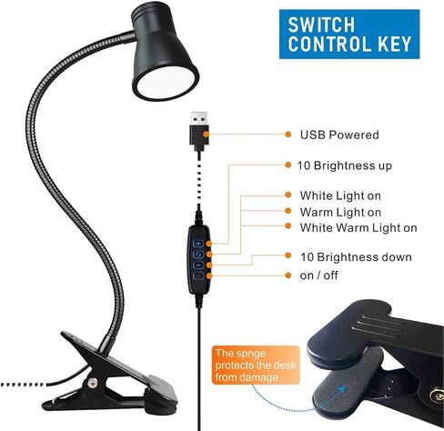 USB LED مصباح مكتبي بمشبك على ضوء القراءة، 3 أوضاع إضاءة 10 مستويات سطوع خافتة للضوء لسرير النوم اللوح الأمامي للسرير، مصباح رقبة مرن قابل للتعديل، مثالي لدراسة العمل in Kuwait