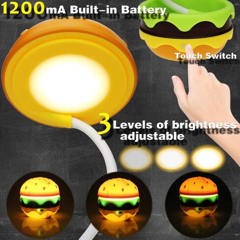 Cute Desk Lamp for Kids, Rechargeable Hamburger Small Desk Lamps with Adjustable Neck Dimmable Touch Switch, Nursery Night Lights, Kawaii Desk Accessories, Kawaii Room Decor for Boys Girls Gifts in Kuwait