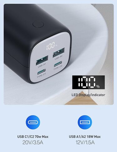 شاحن كمبيوتر محمول محمول من evatronic، بنك طاقة 20000 مللي أمبير في الساعة 70 وات شحن سريع 4 منافذ USB C PD 3.0 حزمة بطارية مع شاشة رقمية لأجهزة MacBook وDell XPS وHP وSamsung وiPhone 15 14 13 وSteam Deck in Kuwait