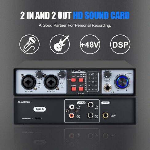 واجهة صوت USB MX02 (32 بت/ 384 كيلو هرتز) بطاقة صوت، طاقة فانتوم 48 فولت، مع مقبس سماعة الرأس، وحدة تحكم الإنتاج ووحدة التحكم في الاستوديو للتسجيل والإنتاج والبث الصوتي والجيتار in Kuwait