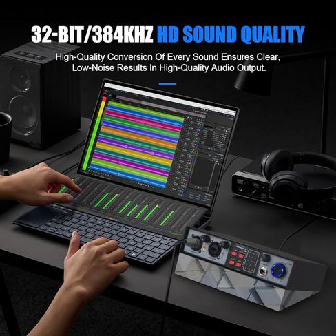 واجهة صوت USB MX02 (32 بت/ 384 كيلو هرتز) بطاقة صوت، طاقة فانتوم 48 فولت، مع مقبس سماعة الرأس، وحدة تحكم الإنتاج ووحدة التحكم في الاستوديو للتسجيل والإنتاج والبث الصوتي والجيتار in Kuwait
