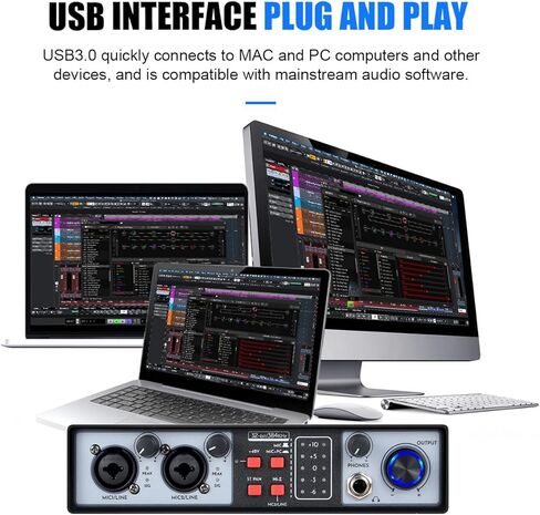 واجهة صوت USB MX02 (32 بت/ 384 كيلو هرتز) بطاقة صوت، طاقة فانتوم 48 فولت، مع مقبس سماعة الرأس، وحدة تحكم الإنتاج ووحدة التحكم في الاستوديو للتسجيل والإنتاج والبث الصوتي والجيتار in Kuwait